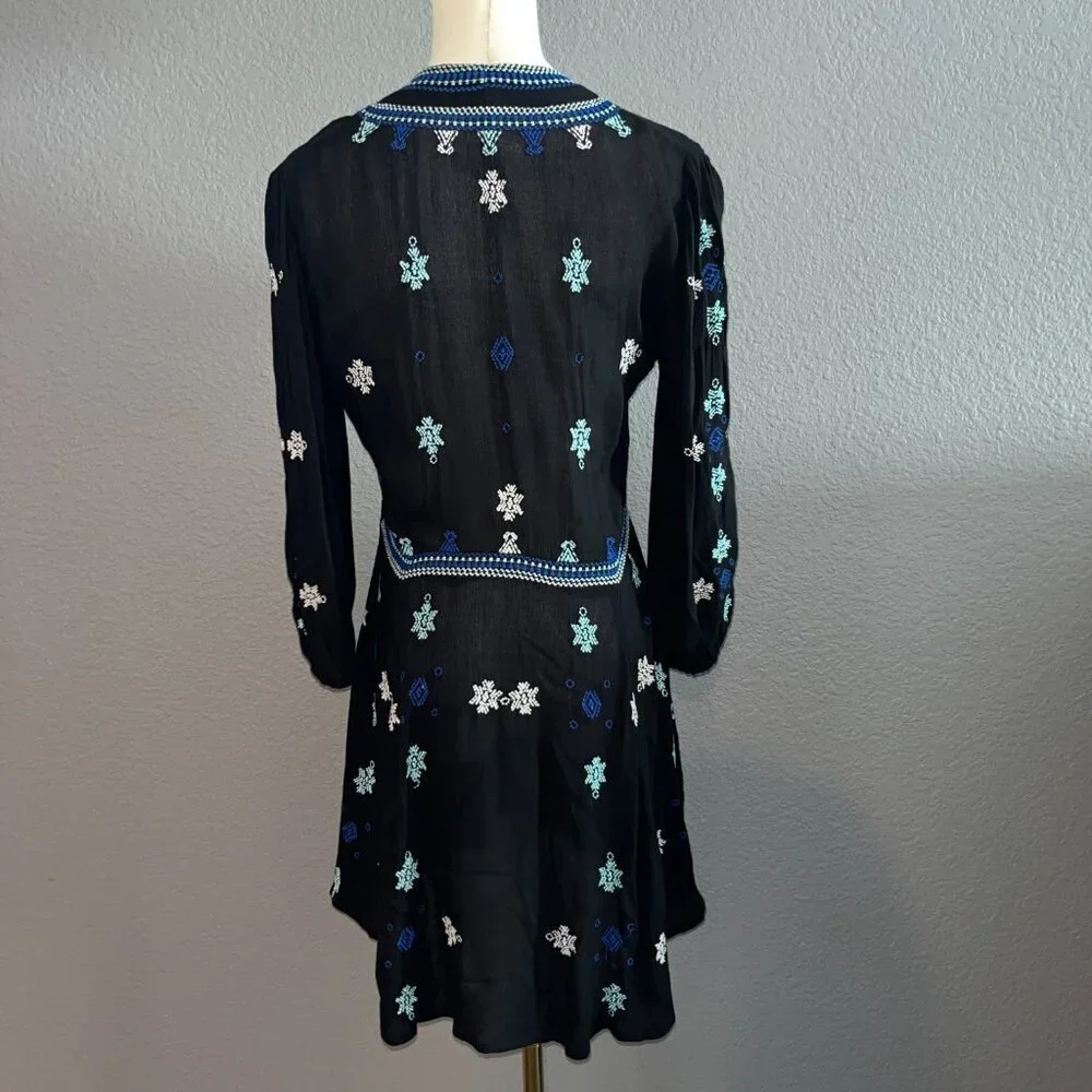 FP FREE PEOPLE STAR GAZER BLACK & BLUE LONG SLEEVE EMBROIDERED DRESS - EUC -  XS